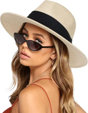 FURTALK Womens Mens Wide Brim Straw Panama Hat Fedora Summer Beach Sun Hat UPF Straw Hat for Women