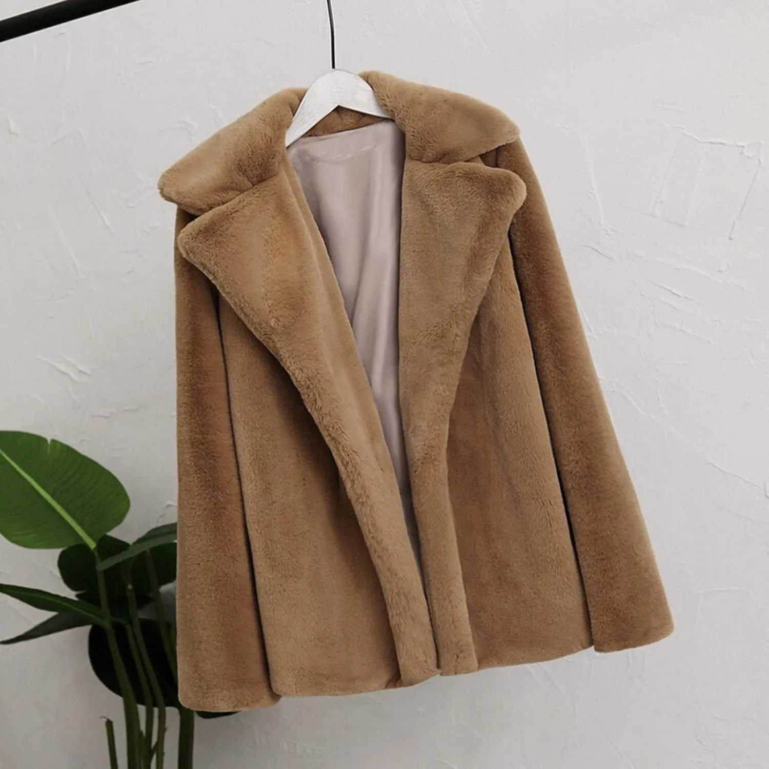Fuzzy Fleece Jacket for Women Sherpa Lined Solid Color Fashion Warm Winter Coats Cropped Trench Cardigan Outwear Tops
