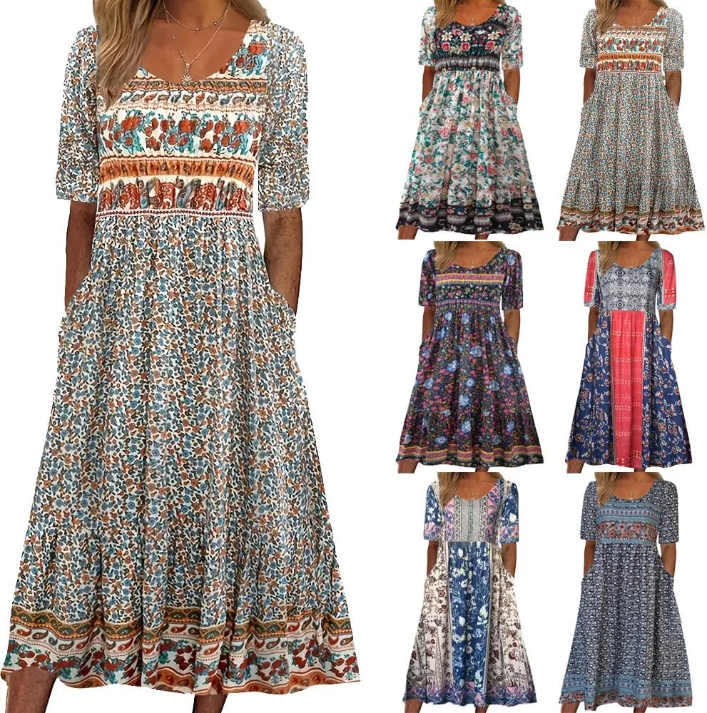 Geleglaer Women's Boho Floral Maxi Dress Summer Casual Crew Neck Short Sleeve Dress Flowy Bohemian Tshirt Dress with Pockets