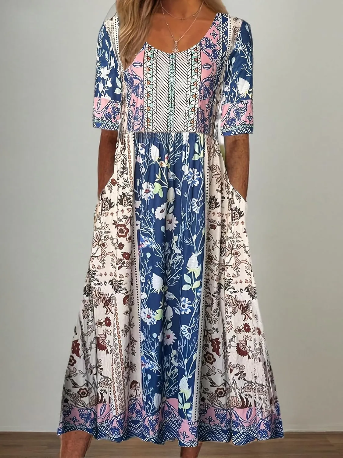 Geleglaer Women's Boho Floral Maxi Dress Summer Casual Crew Neck Short Sleeve Dress Flowy Bohemian Tshirt Dress with Pockets