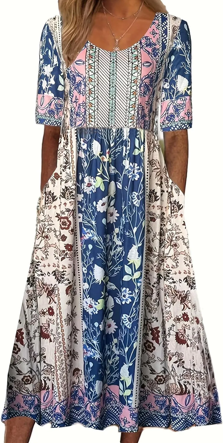Geleglaer Women's Boho Floral Maxi Dress Summer Casual Crew Neck Short Sleeve Dress Flowy Bohemian Tshirt Dress with Pockets