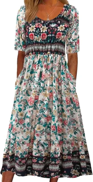 Geleglaer Women's Boho Floral Maxi Dress Summer Casual Crew Neck Short Sleeve Dress Flowy Bohemian Tshirt Dress with Pockets