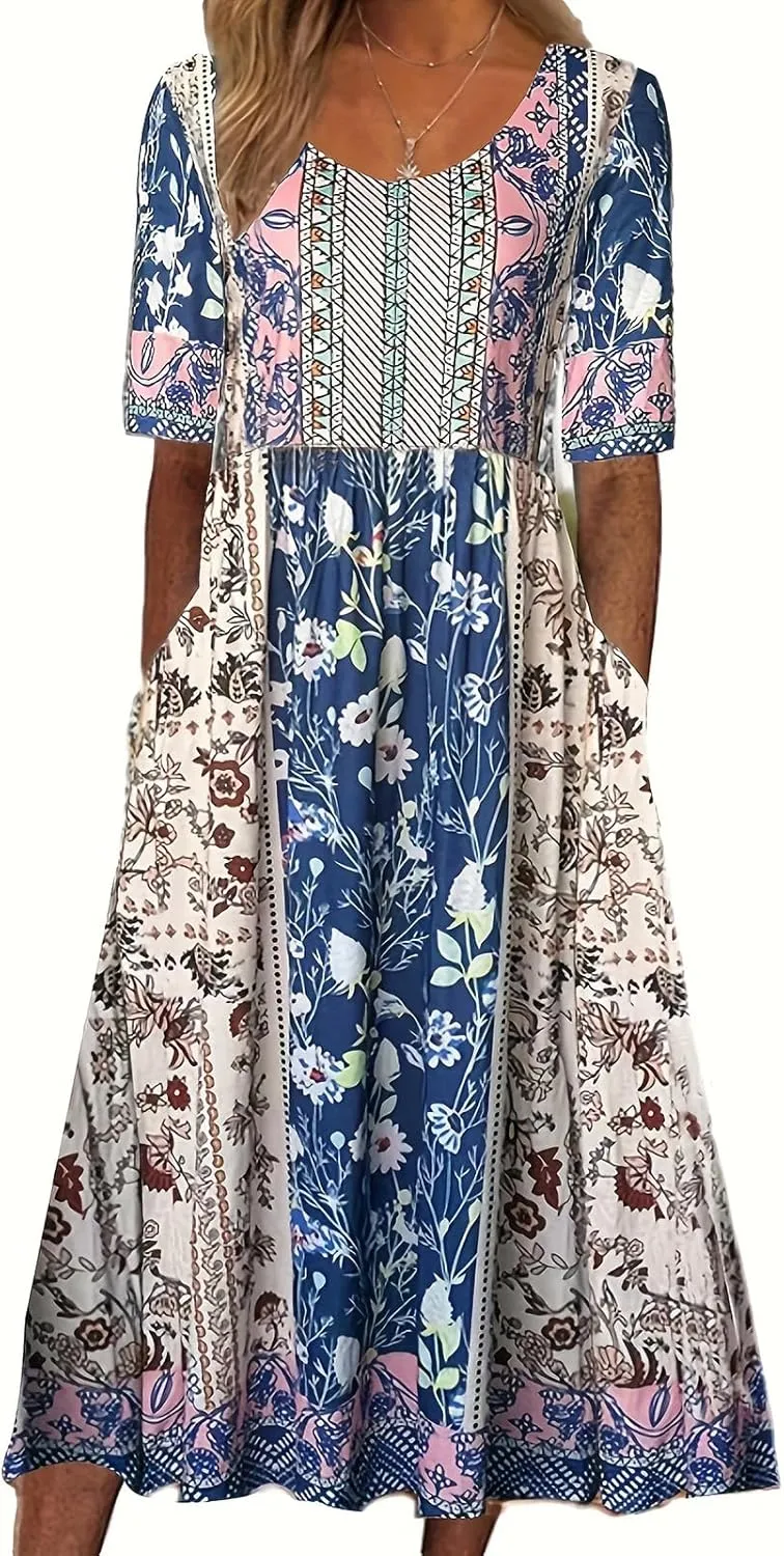 Geleglaer Women's Boho Floral Maxi Dress Summer Casual Crew Neck Short Sleeve Dress Flowy Bohemian Tshirt Dress with Pockets