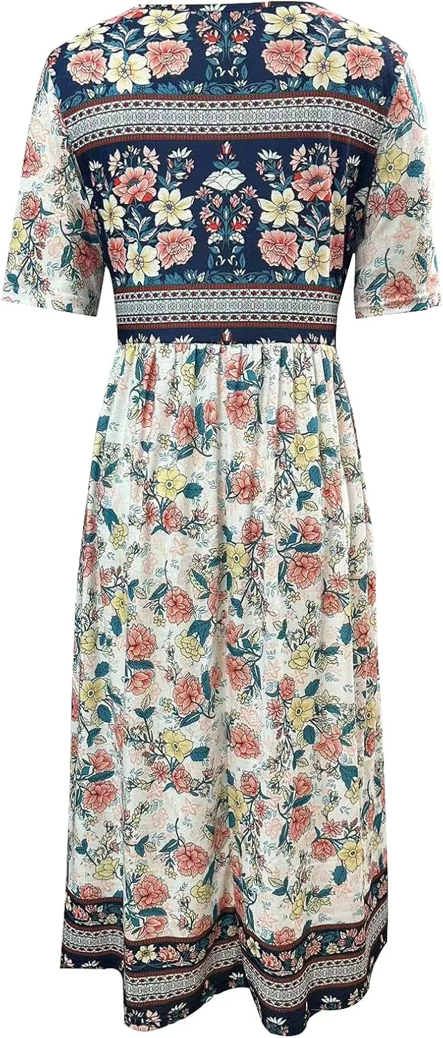 Geleglaer Women's Boho Floral Maxi Dress Summer Casual Crew Neck Short Sleeve Dress Flowy Bohemian Tshirt Dress with Pockets
