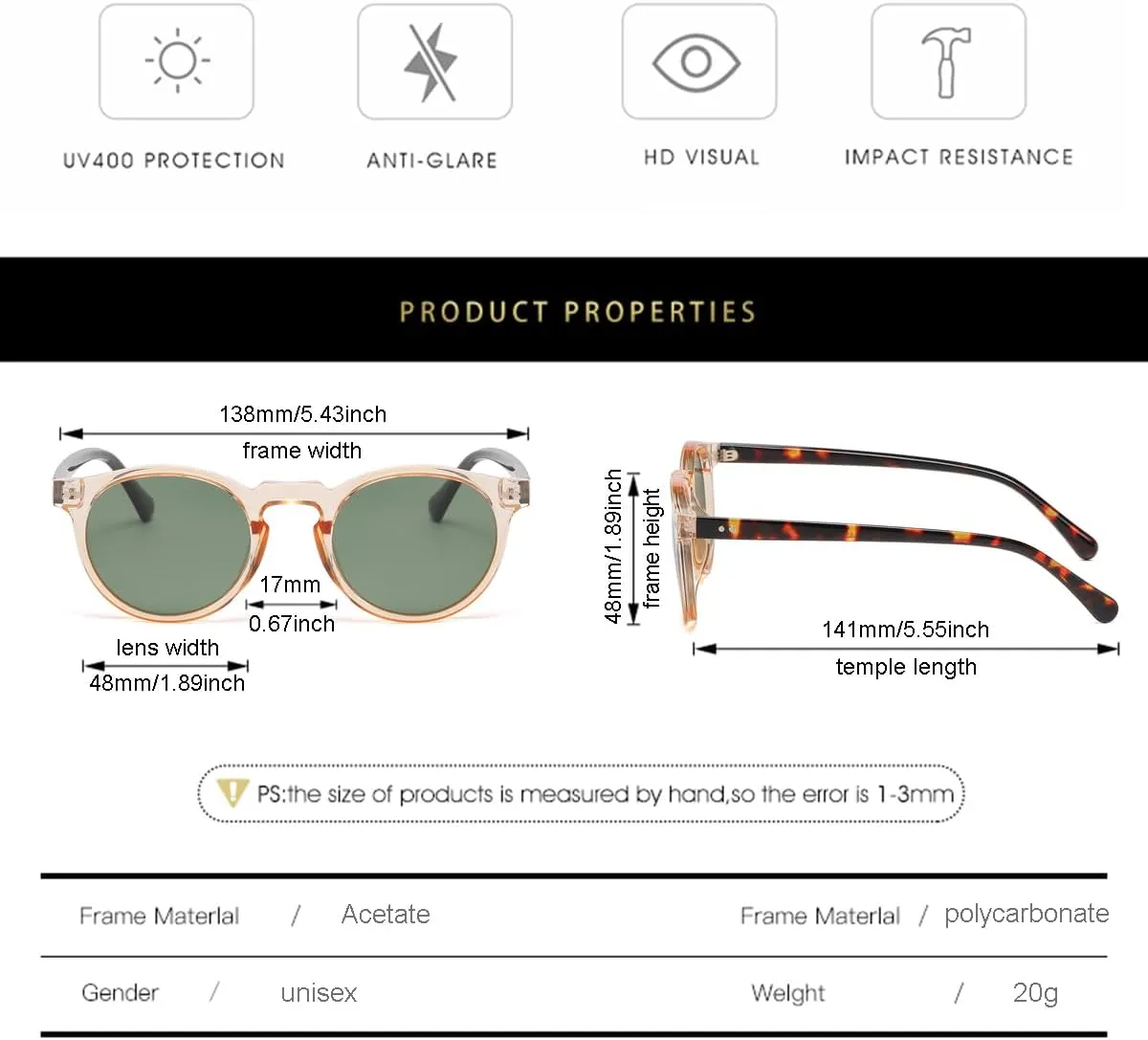Gleyemor Fashion Polarized Round Sunglasses for Men Women Retro Vintage Acetate Frame Sunglasses