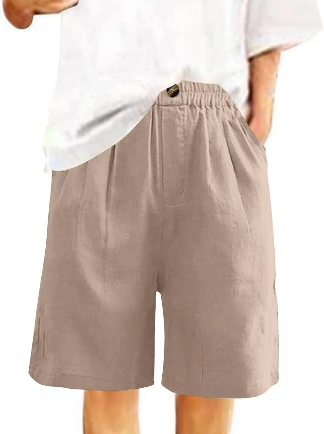 GOFULY Bermuda Shorts for Women Knee Length High Rise Cotton Linen Shorts Elastic Waist Button Half Pants with Pockets