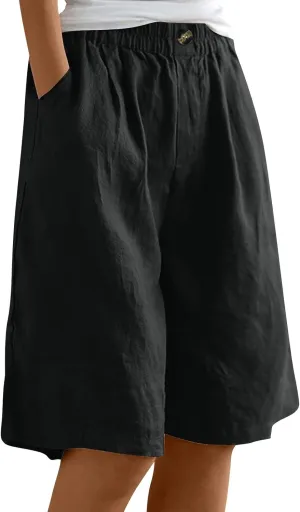 GOFULY Bermuda Shorts for Women Knee Length High Rise Cotton Linen Shorts Elastic Waist Button Half Pants with Pockets