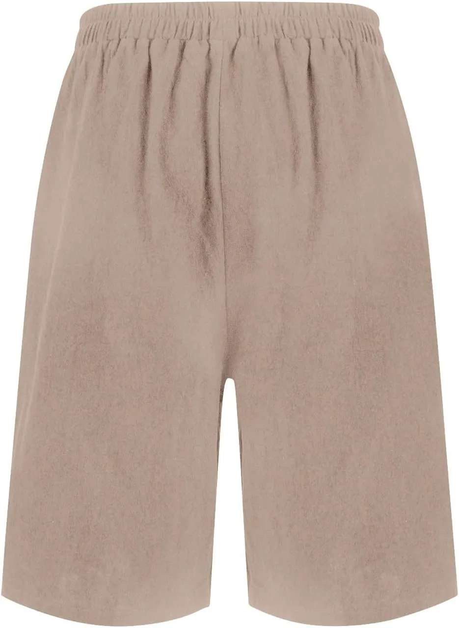 GOFULY Bermuda Shorts for Women Knee Length High Rise Cotton Linen Shorts Elastic Waist Button Half Pants with Pockets