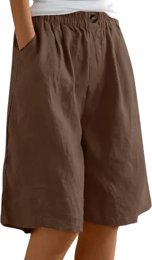 GOFULY Bermuda Shorts for Women Knee Length High Rise Cotton Linen Shorts Elastic Waist Button Half Pants with Pockets