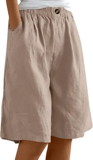 GOFULY Bermuda Shorts for Women Knee Length High Rise Cotton Linen Shorts Elastic Waist Button Half Pants with Pockets