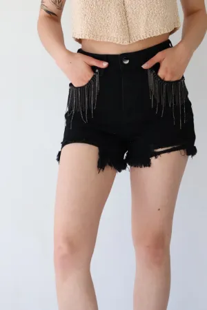 High Rise Rhinestone Fringe Shorts in Classic Black