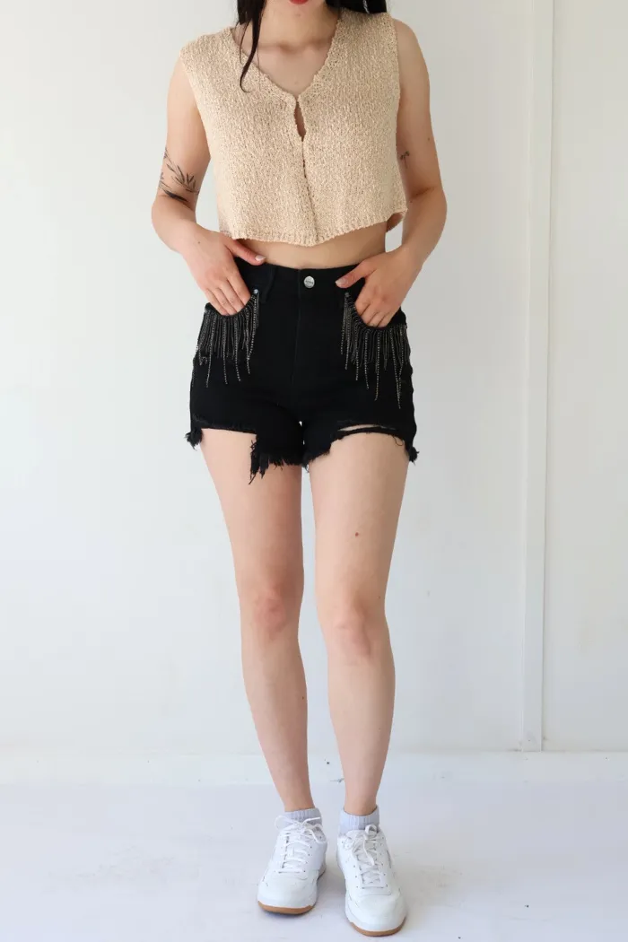 High Rise Rhinestone Fringe Shorts in Classic Black
