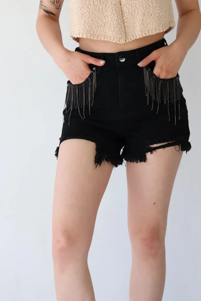 High Rise Rhinestone Fringe Shorts in Classic Black