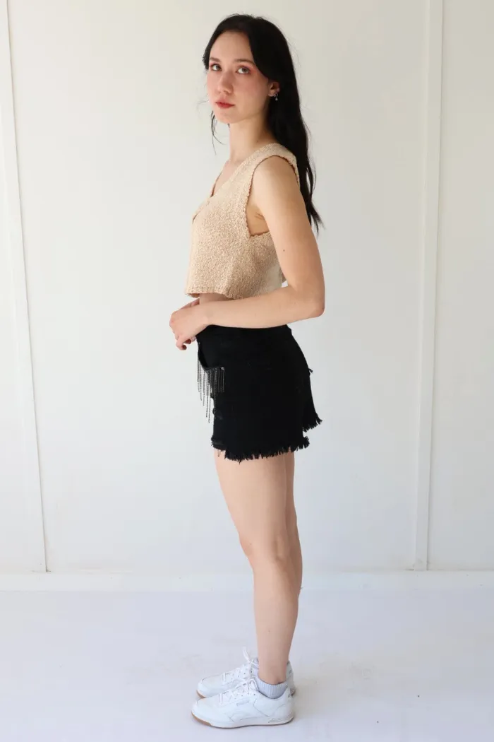 High Rise Rhinestone Fringe Shorts in Classic Black