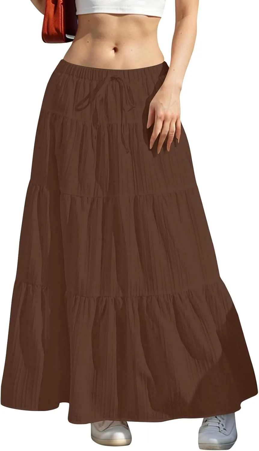 hlysgo Beach Skirts for Women Casual Loose Fit Drawstring Waist Peplum Maxi Skirt 2025 Summer Boho Tiered Vacation Skirts