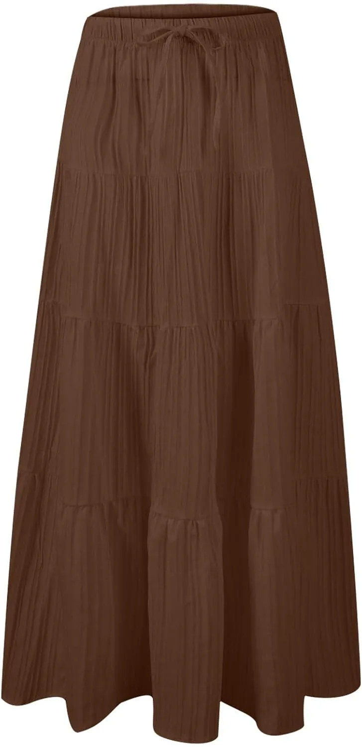 hlysgo Beach Skirts for Women Casual Loose Fit Drawstring Waist Peplum Maxi Skirt 2025 Summer Boho Tiered Vacation Skirts