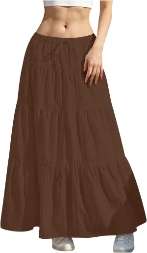 hlysgo Beach Skirts for Women Casual Loose Fit Drawstring Waist Peplum Maxi Skirt 2025 Summer Boho Tiered Vacation Skirts