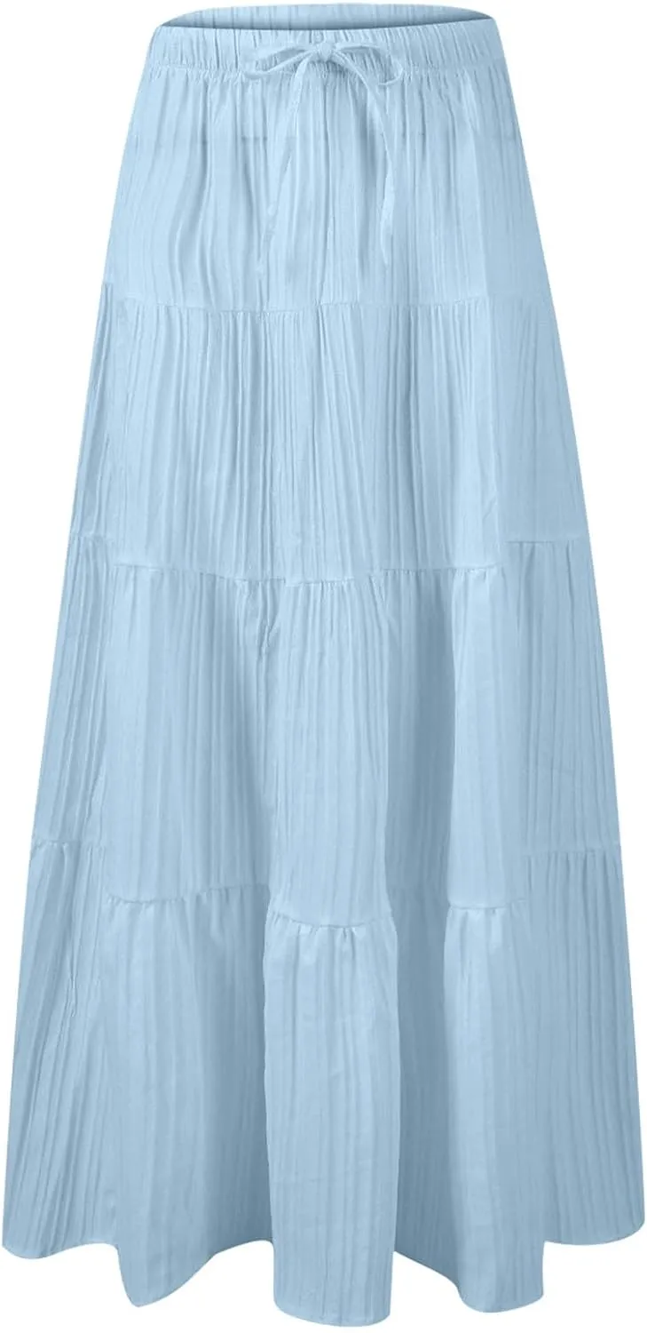 hlysgo Beach Skirts for Women Casual Loose Fit Drawstring Waist Peplum Maxi Skirt 2025 Summer Boho Tiered Vacation Skirts