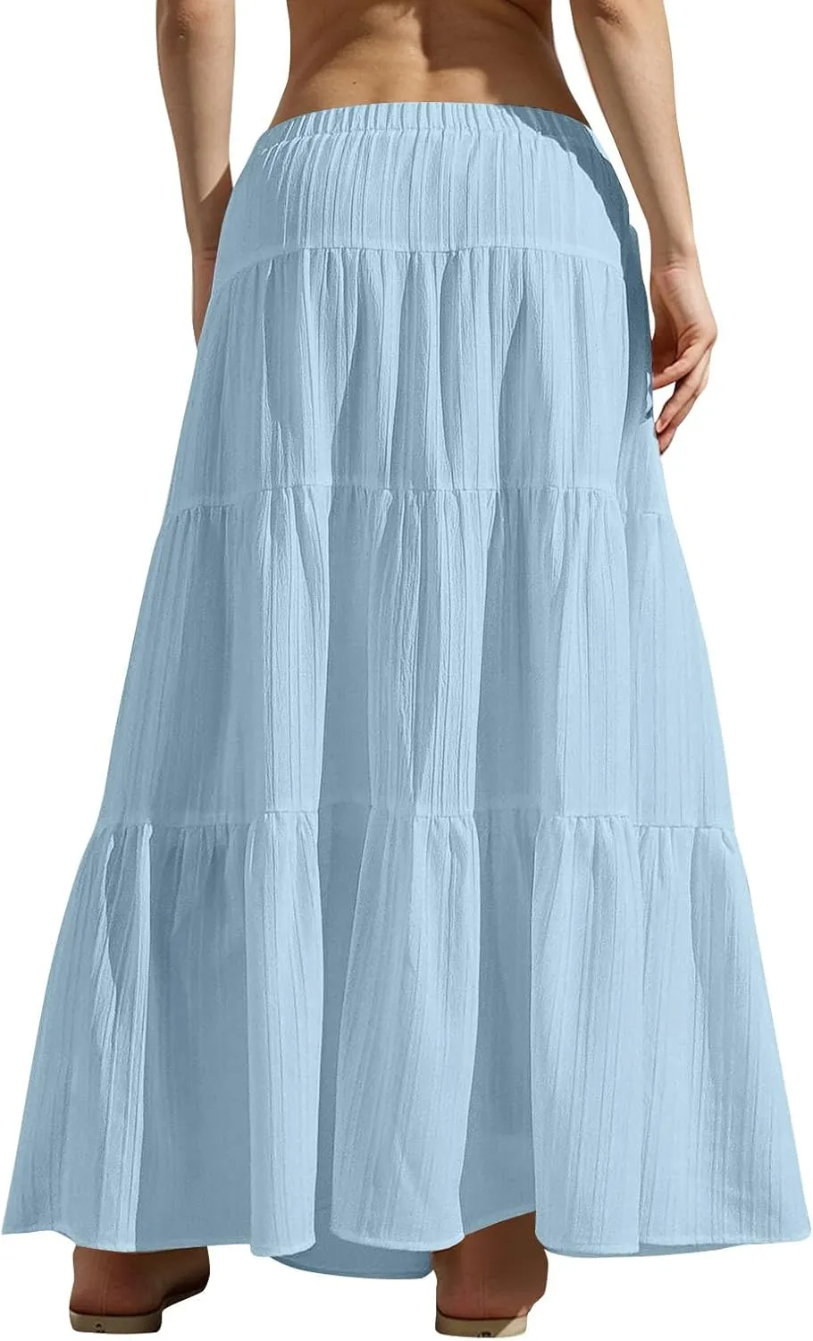 hlysgo Beach Skirts for Women Casual Loose Fit Drawstring Waist Peplum Maxi Skirt 2025 Summer Boho Tiered Vacation Skirts