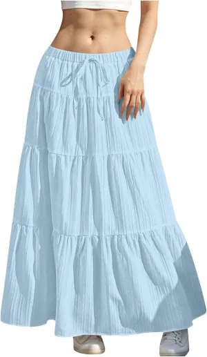 hlysgo Beach Skirts for Women Casual Loose Fit Drawstring Waist Peplum Maxi Skirt 2025 Summer Boho Tiered Vacation Skirts