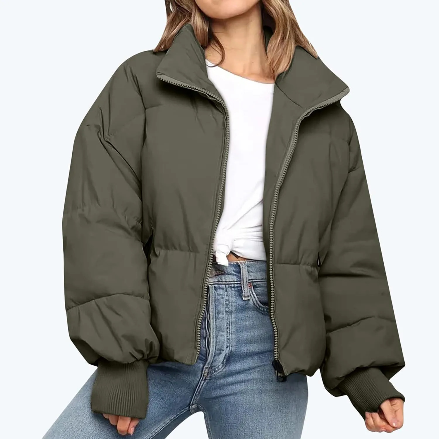 Hvyesh Women’s Winter Cropped Puffer Jacket Coat Warm Quilted Jacket Casual Zip-Up Padded Stand Collar Zip-Up Down Coat