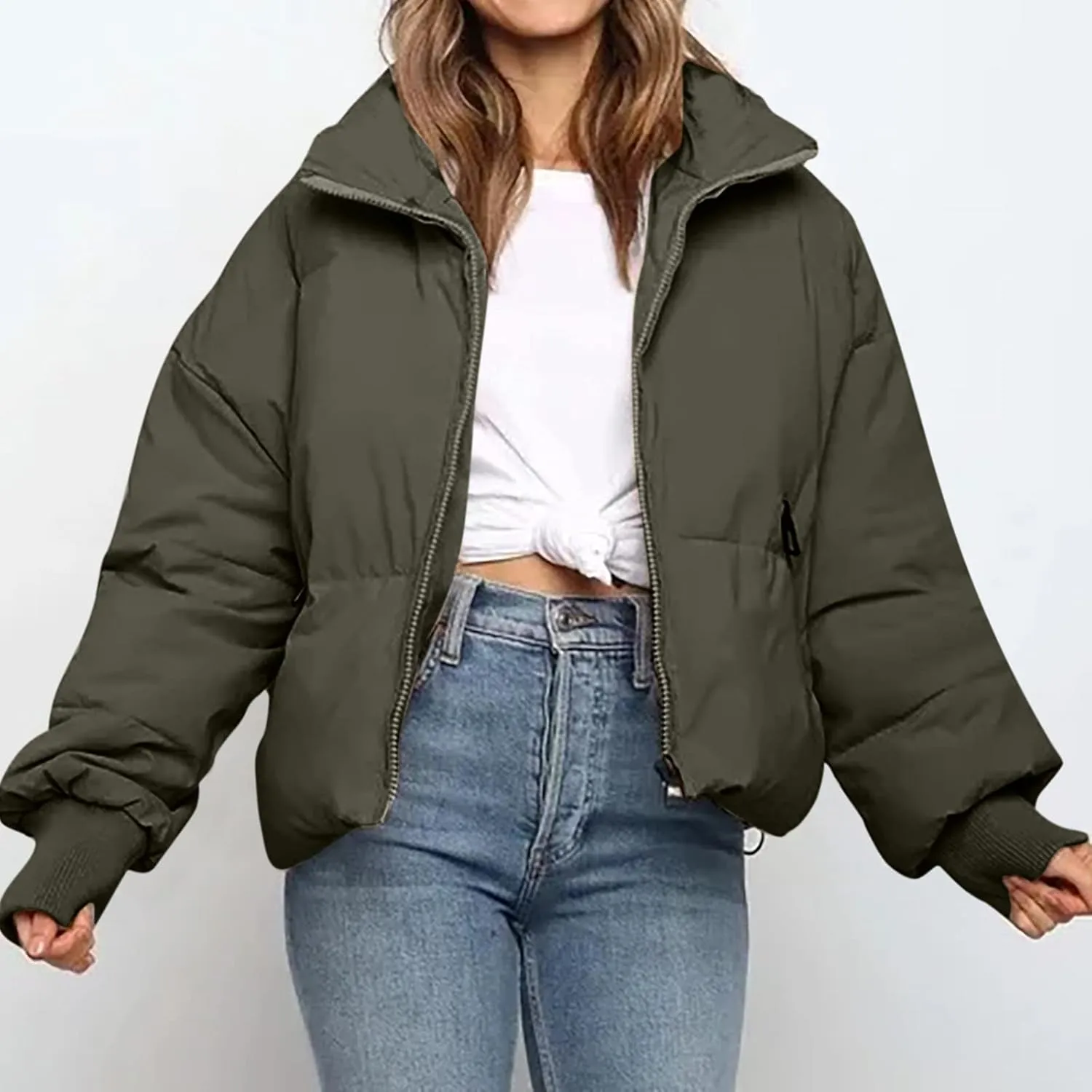 Hvyesh Women’s Winter Cropped Puffer Jacket Coat Warm Quilted Jacket Casual Zip-Up Padded Stand Collar Zip-Up Down Coat