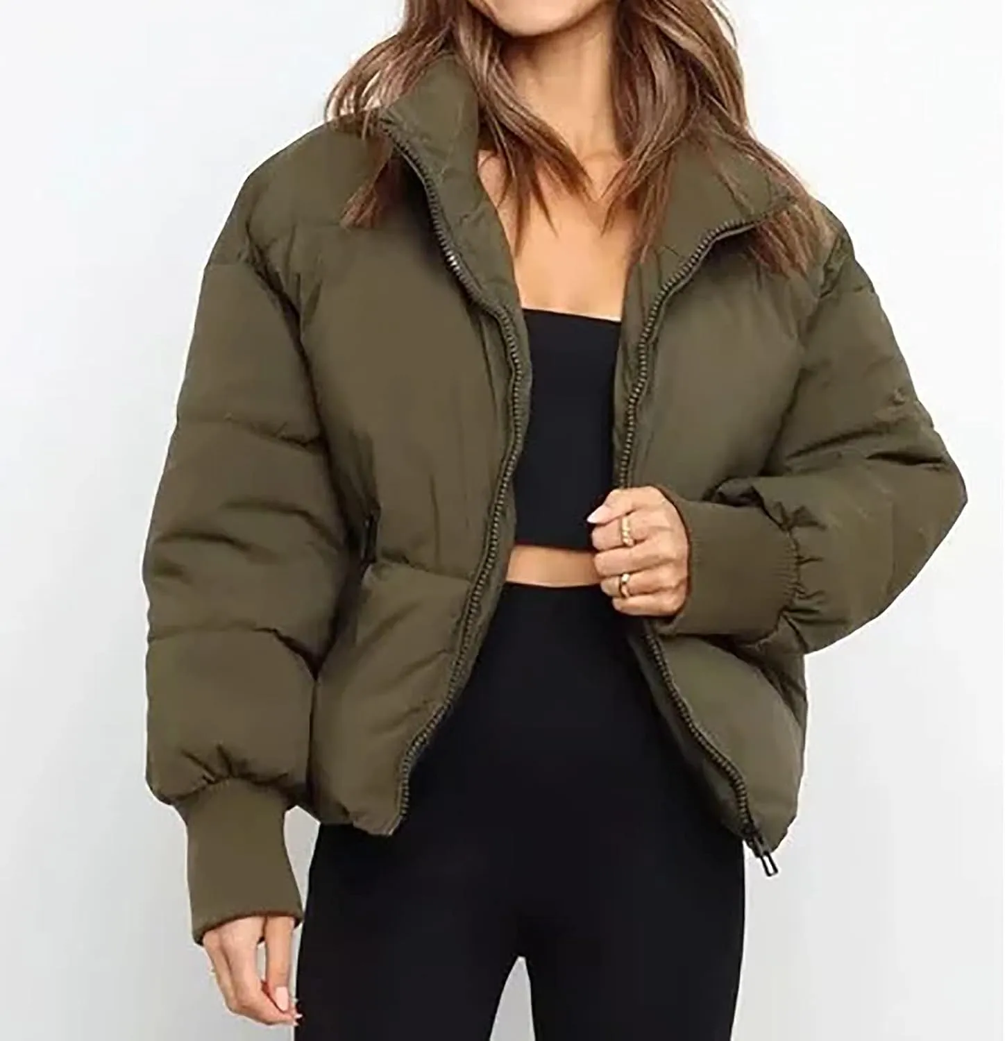 Hvyesh Women’s Winter Cropped Puffer Jacket Coat Warm Quilted Jacket Casual Zip-Up Padded Stand Collar Zip-Up Down Coat