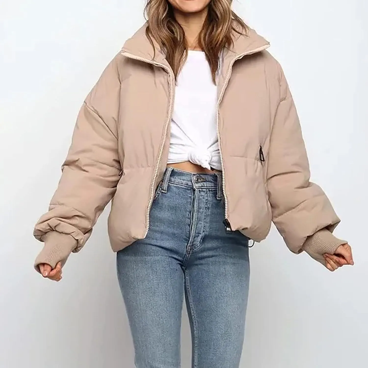Hvyesh Women’s Winter Cropped Puffer Jacket Coat Warm Quilted Jacket Casual Zip-Up Padded Stand Collar Zip-Up Down Coat