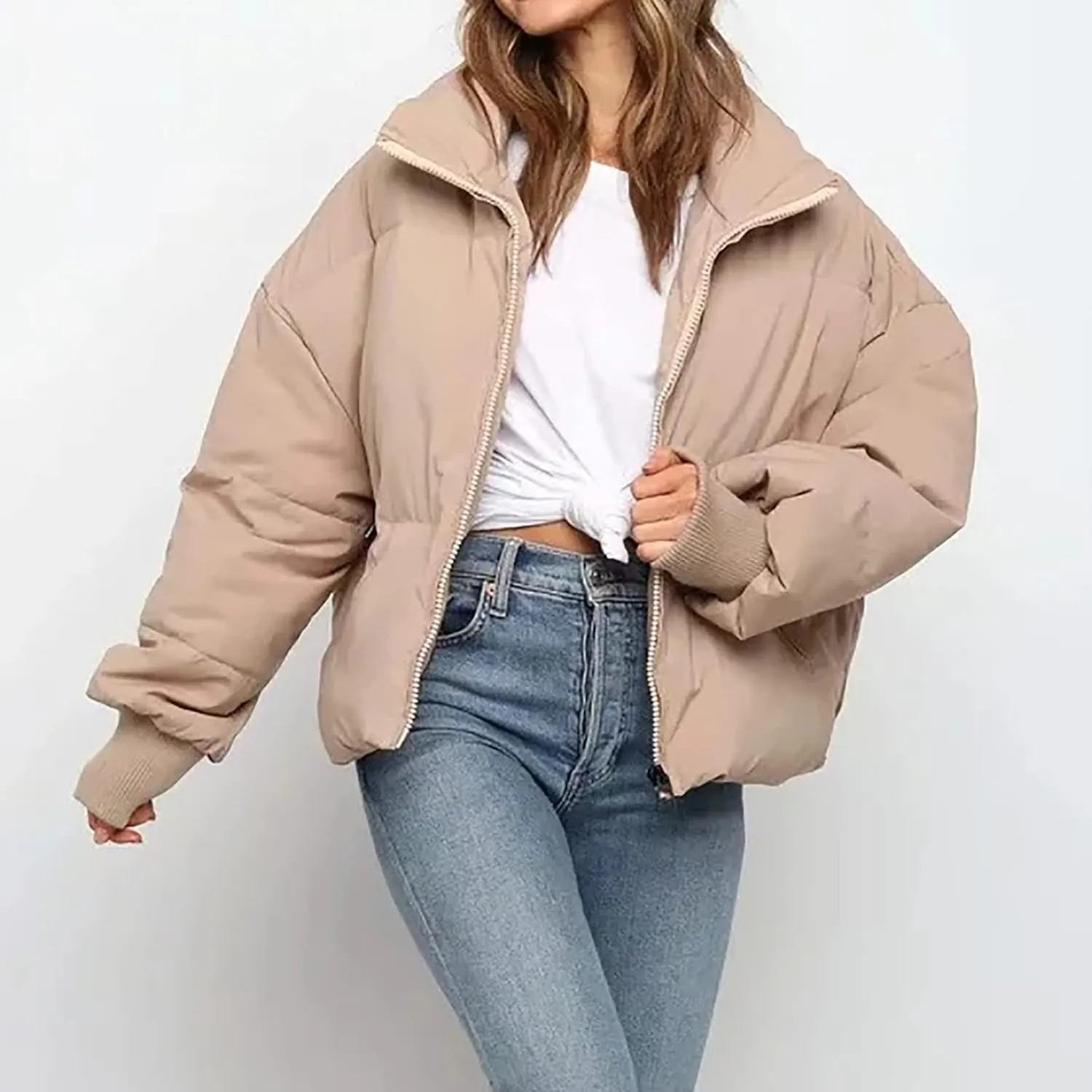 Hvyesh Women’s Winter Cropped Puffer Jacket Coat Warm Quilted Jacket Casual Zip-Up Padded Stand Collar Zip-Up Down Coat