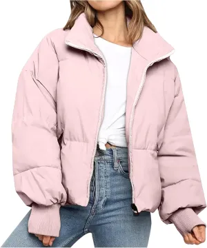 Hvyesh Women’s Winter Cropped Puffer Jacket Coat Warm Quilted Jacket Casual Zip-Up Padded Stand Collar Zip-Up Down Coat