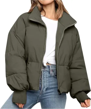 Hvyesh Women’s Winter Cropped Puffer Jacket Coat Warm Quilted Jacket Casual Zip-Up Padded Stand Collar Zip-Up Down Coat