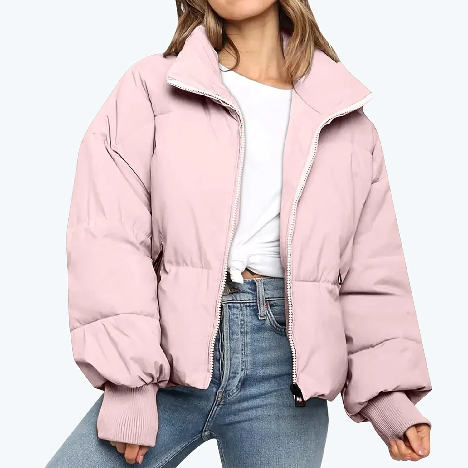 Hvyesh Women’s Winter Cropped Puffer Jacket Coat Warm Quilted Jacket Casual Zip-Up Padded Stand Collar Zip-Up Down Coat