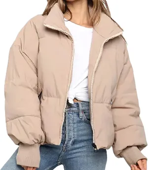 Hvyesh Women’s Winter Cropped Puffer Jacket Coat Warm Quilted Jacket Casual Zip-Up Padded Stand Collar Zip-Up Down Coat
