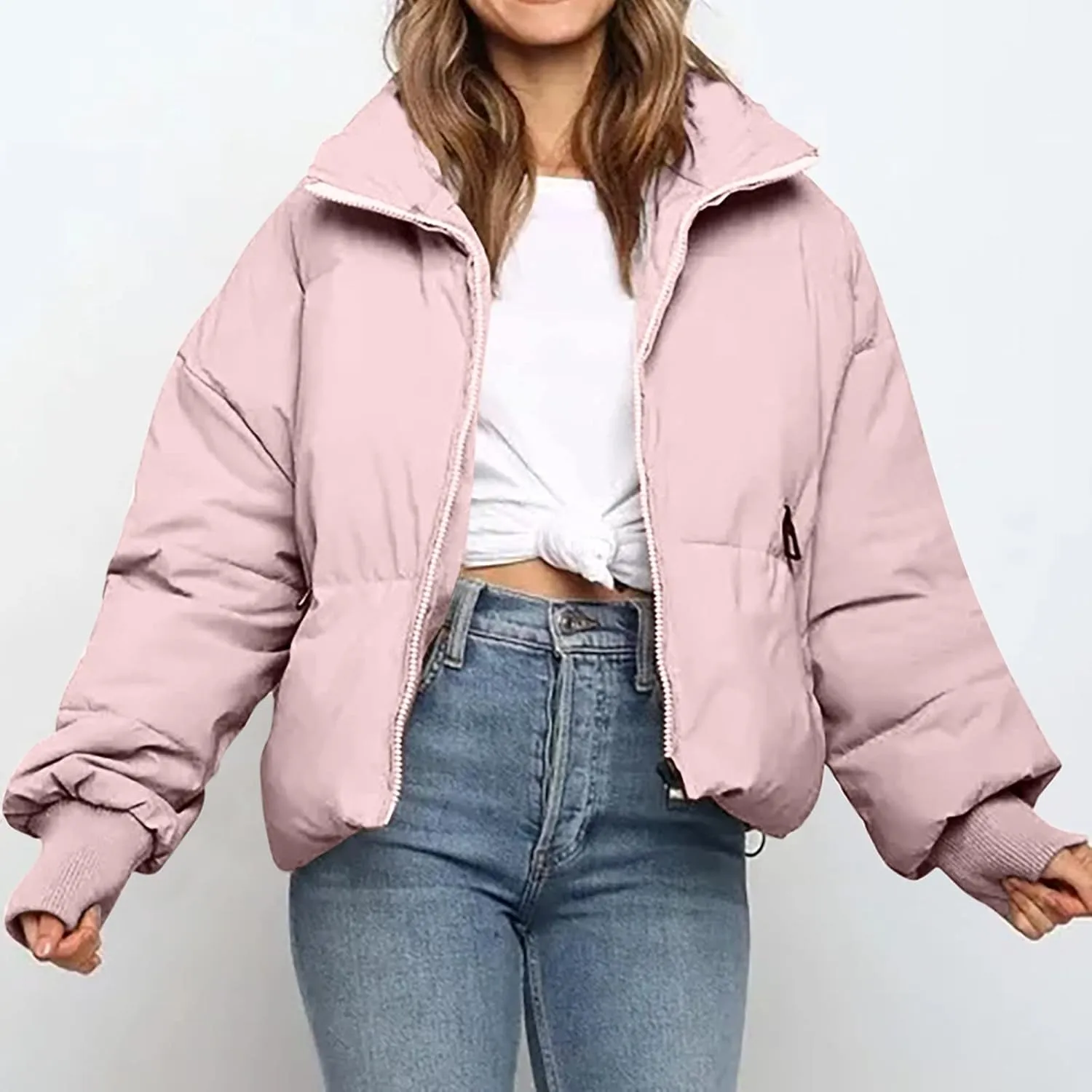 Hvyesh Women’s Winter Cropped Puffer Jacket Coat Warm Quilted Jacket Casual Zip-Up Padded Stand Collar Zip-Up Down Coat
