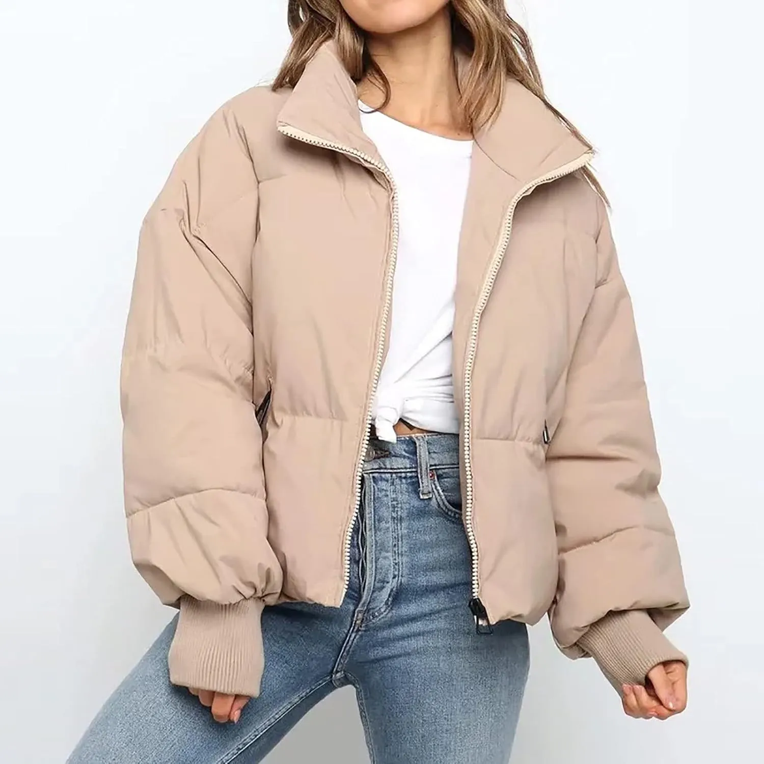 Hvyesh Women’s Winter Cropped Puffer Jacket Coat Warm Quilted Jacket Casual Zip-Up Padded Stand Collar Zip-Up Down Coat