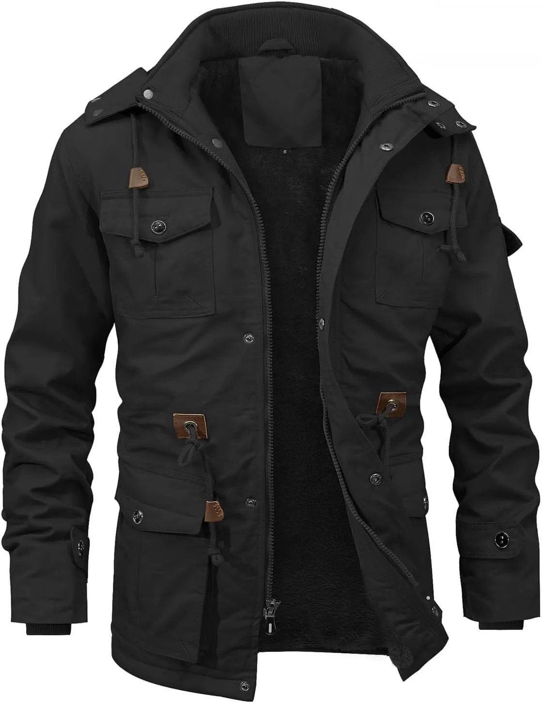 INVACHI Men's Winter Jacket Cotton Military Jackets Fleece Lined Thick Work Coats Warm Cargo Jackets with Hooded Pockets