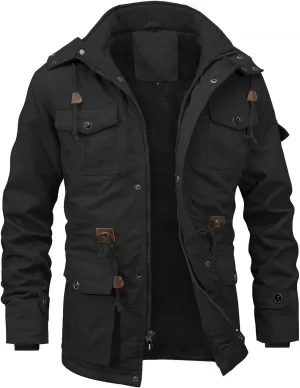 INVACHI Men's Winter Jacket Cotton Military Jackets Fleece Lined Thick Work Coats Warm Cargo Jackets with Hooded Pockets