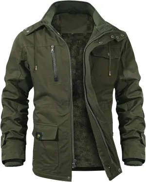 INVACHI Men's Winter Jacket Cotton Military Jackets Fleece Lined Thick Work Coats Warm Cargo Jackets with Hooded Pockets