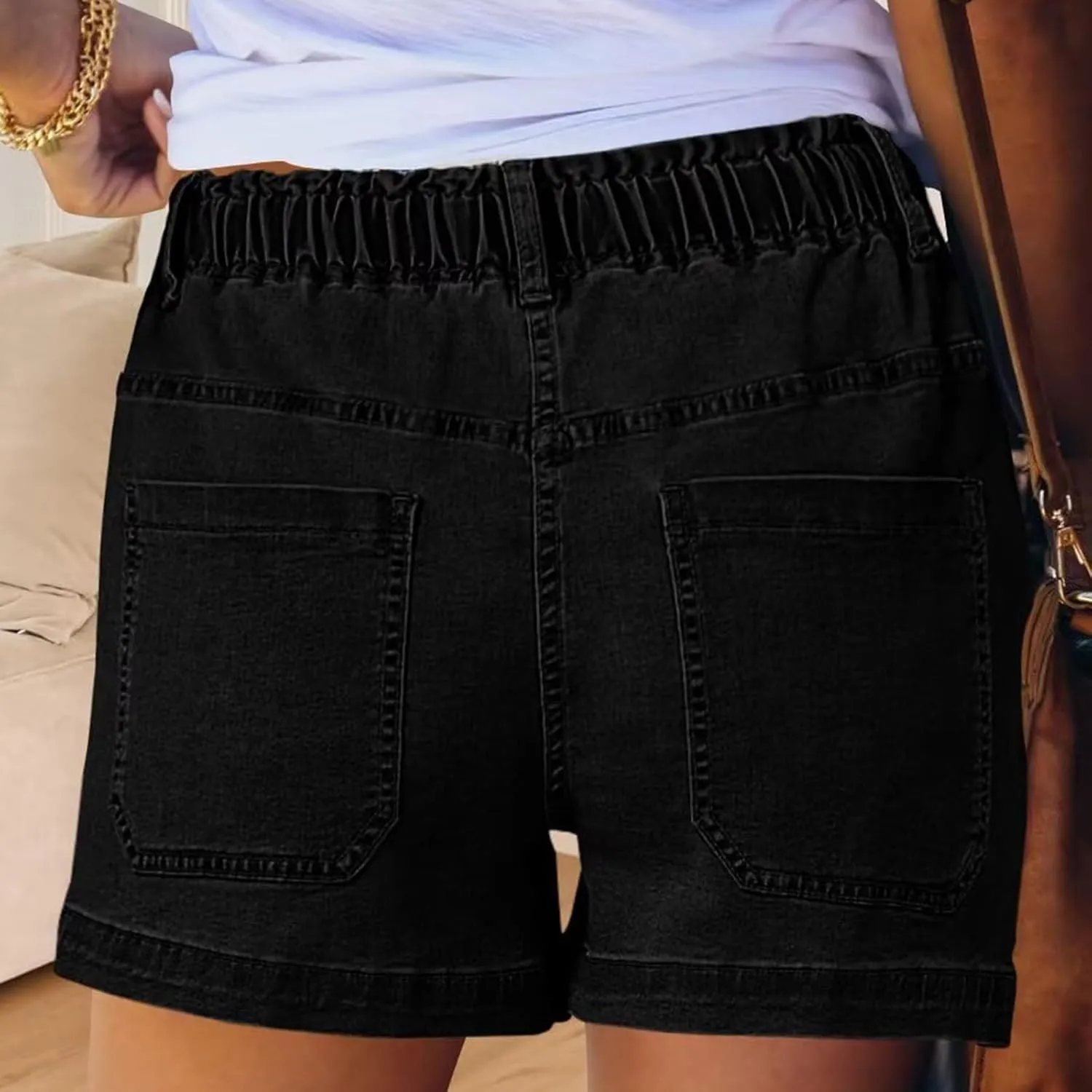 Jean Shorts Womens High Waisted Drawstring Pull On Short Jeans Baggy Casual Denim Chambray Shorts with Pockets