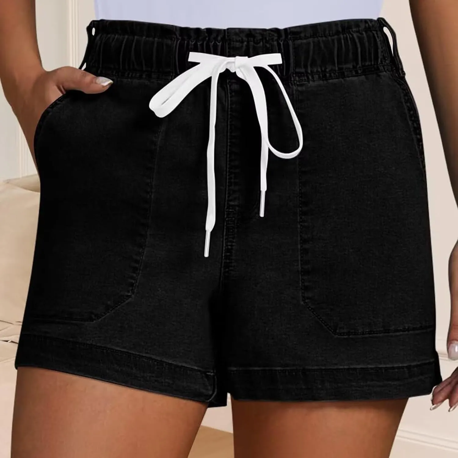 Jean Shorts Womens High Waisted Drawstring Pull On Short Jeans Baggy Casual Denim Chambray Shorts with Pockets