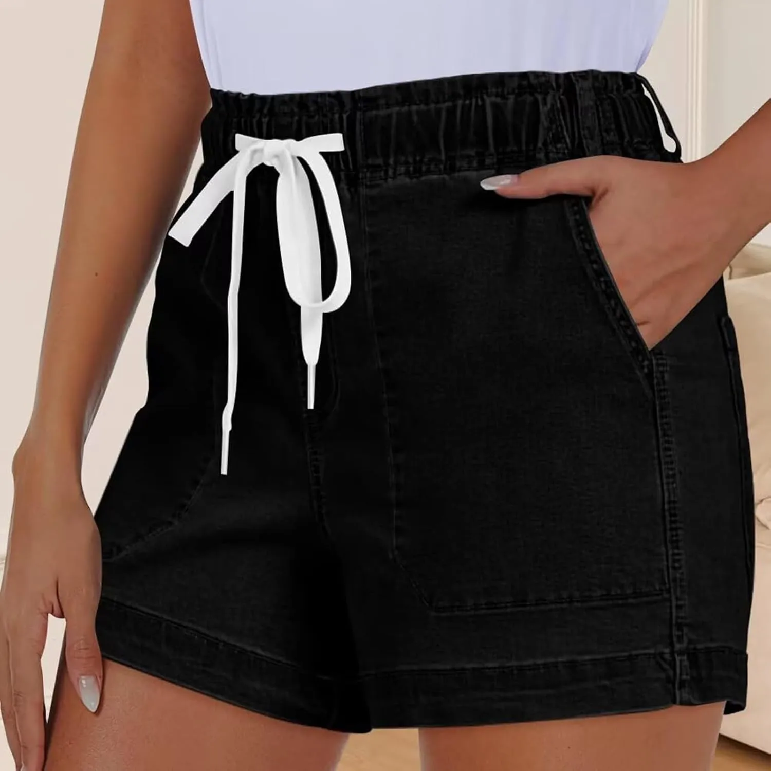 Jean Shorts Womens High Waisted Drawstring Pull On Short Jeans Baggy Casual Denim Chambray Shorts with Pockets