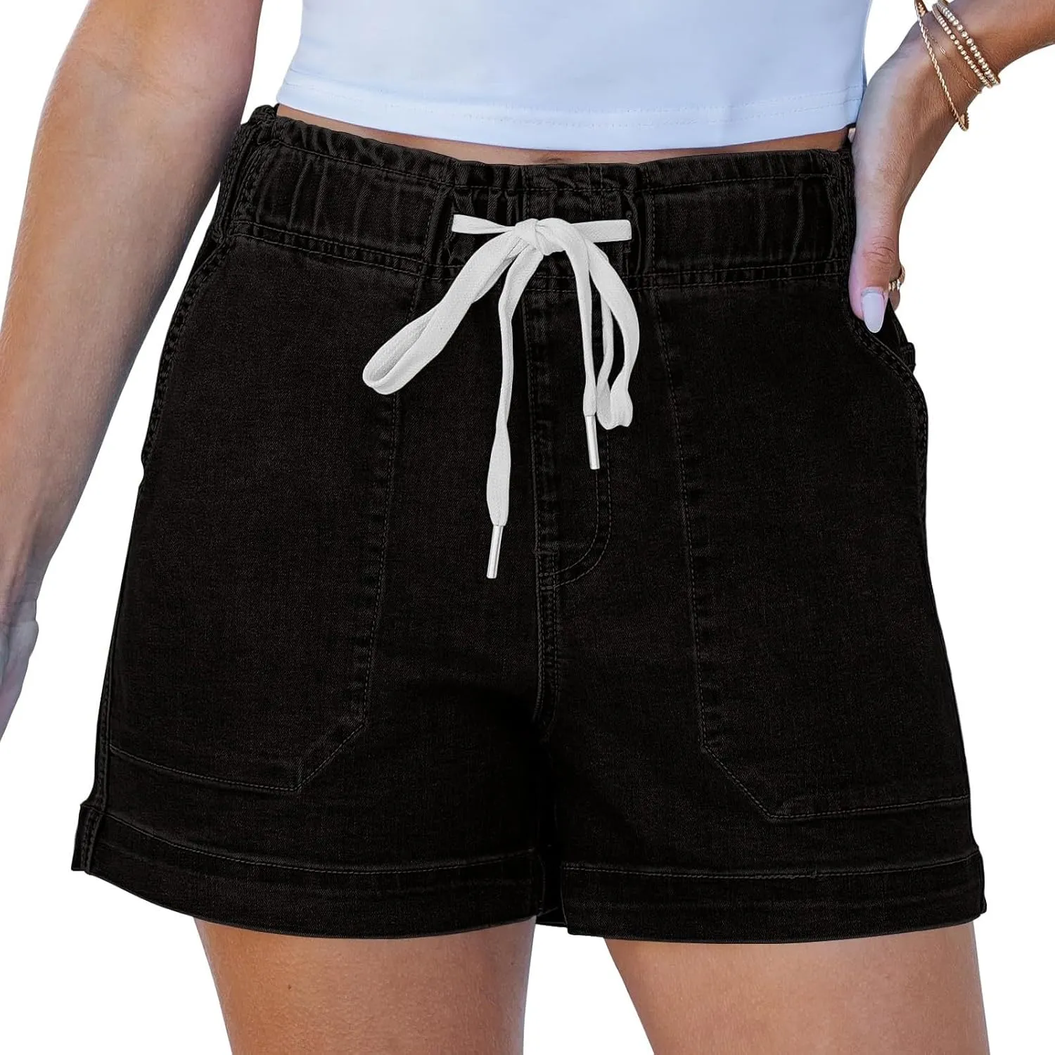 Jean Shorts Womens High Waisted Drawstring Pull On Short Jeans Baggy Casual Denim Chambray Shorts with Pockets