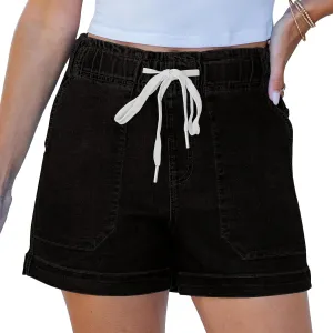 Jean Shorts Womens High Waisted Drawstring Pull On Short Jeans Baggy Casual Denim Chambray Shorts with Pockets
