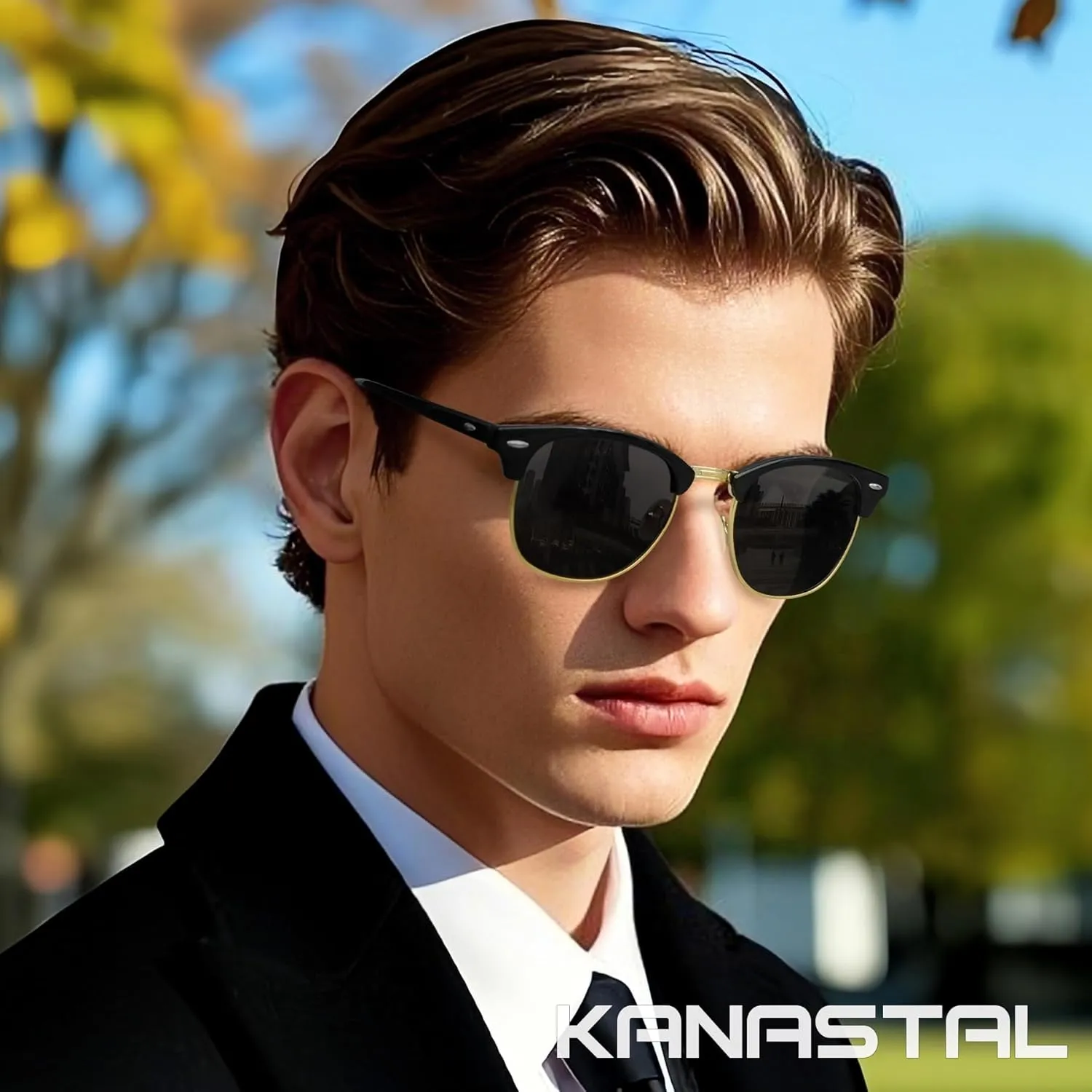 KANASTAL Semi Rimless Polarised Sunglasses Men Women Classic Horn Rimmed Frame UV400 Half Frame Shades