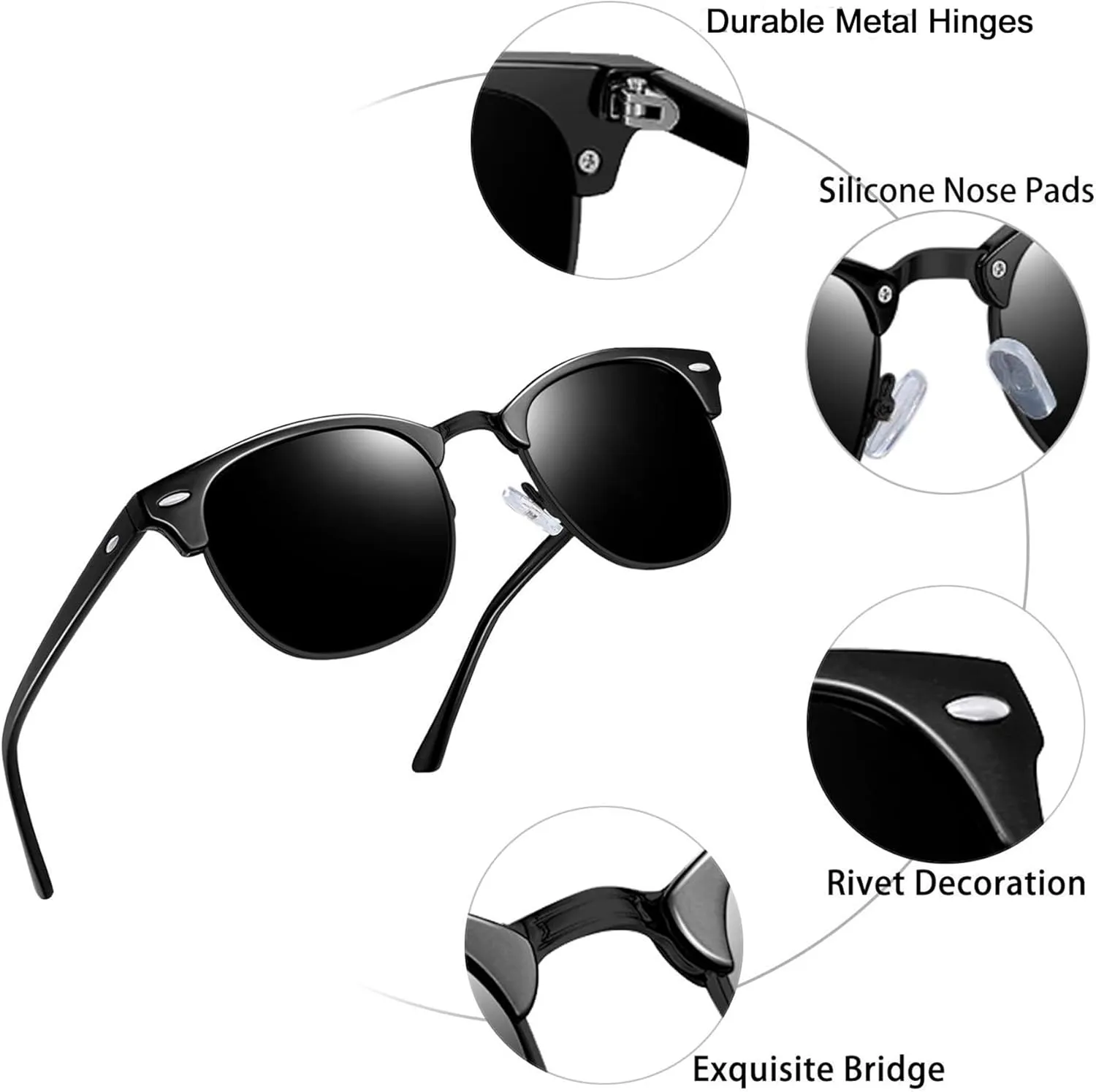 KANASTAL Semi Rimless Polarised Sunglasses Men Women Classic Horn Rimmed Frame UV400 Half Frame Shades