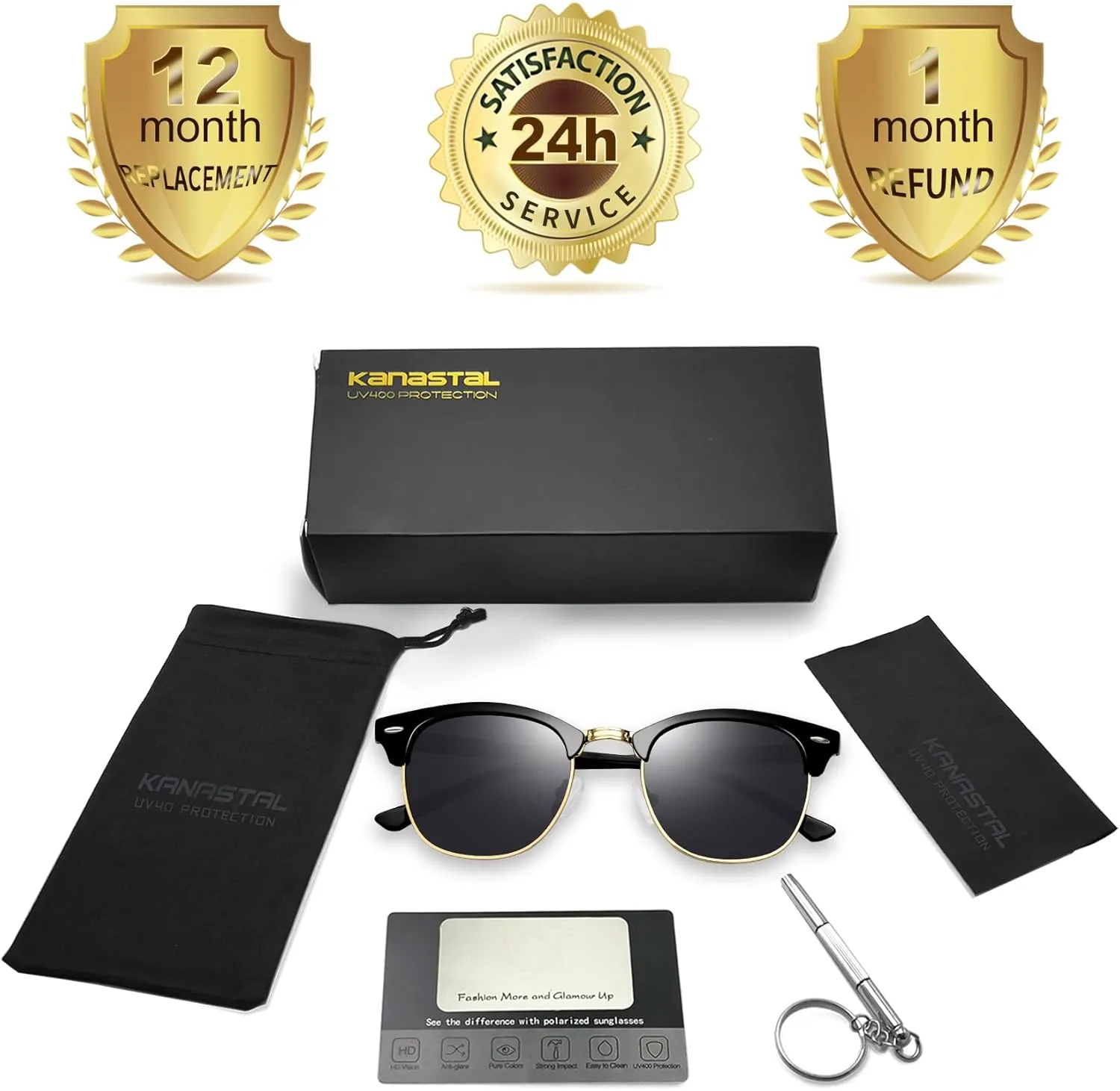 KANASTAL Semi Rimless Polarised Sunglasses Men Women Classic Horn Rimmed Frame UV400 Half Frame Shades