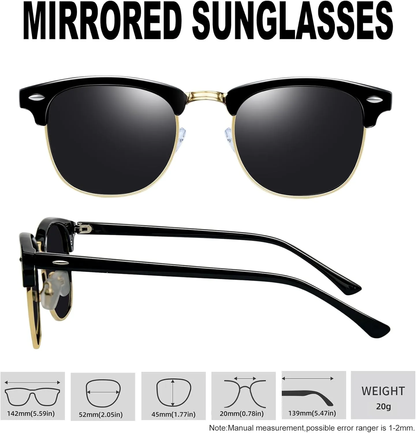 KANASTAL Semi Rimless Polarised Sunglasses Men Women Classic Horn Rimmed Frame UV400 Half Frame Shades