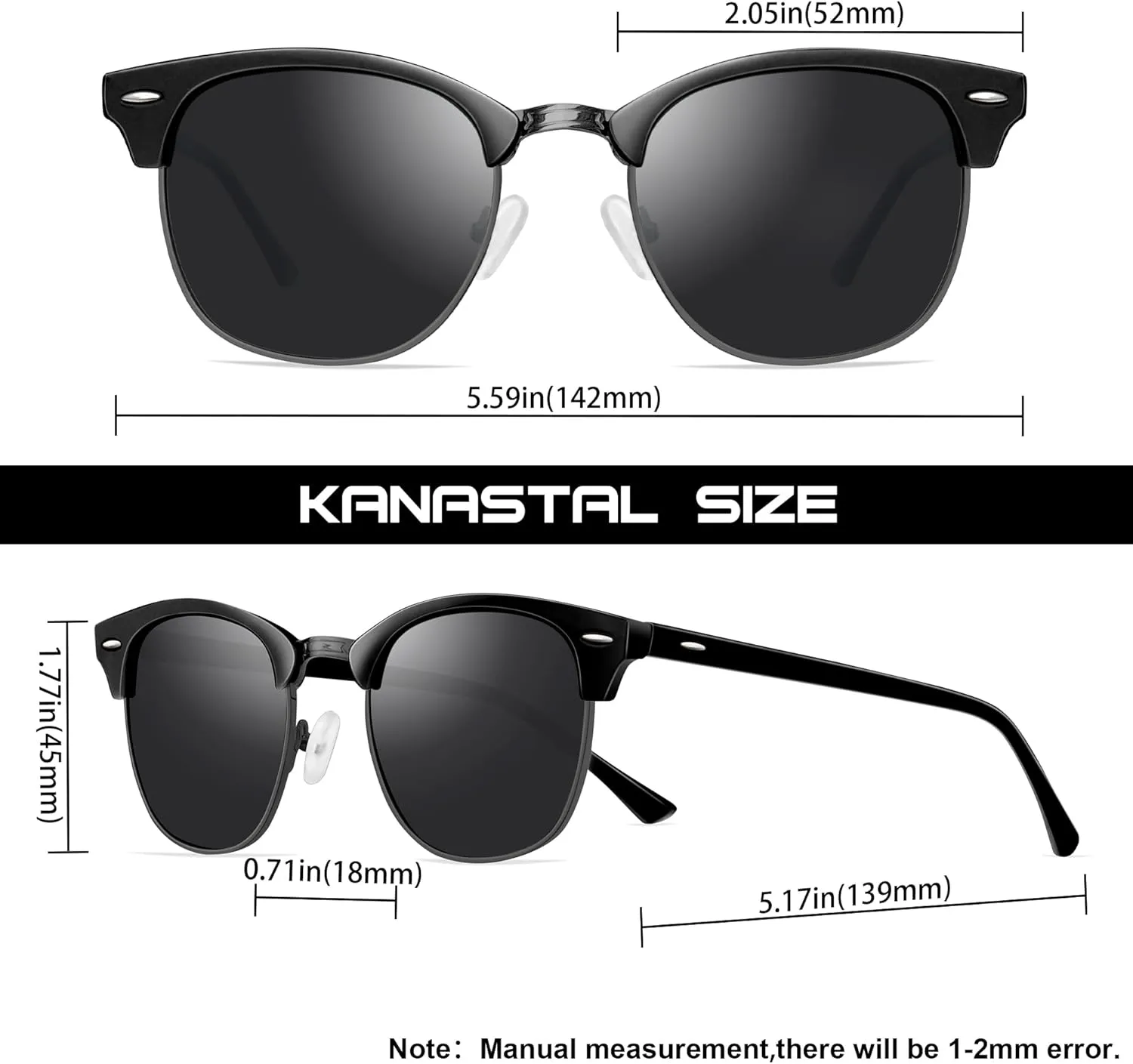 KANASTAL Semi Rimless Polarised Sunglasses Men Women Classic Horn Rimmed Frame UV400 Half Frame Shades