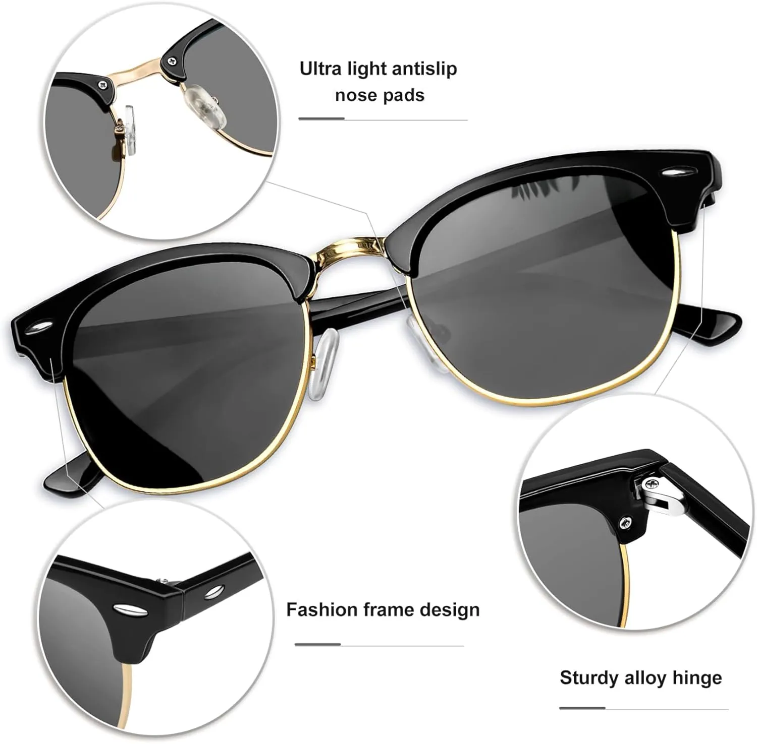KANASTAL Semi Rimless Polarised Sunglasses Men Women Classic Horn Rimmed Frame UV400 Half Frame Shades