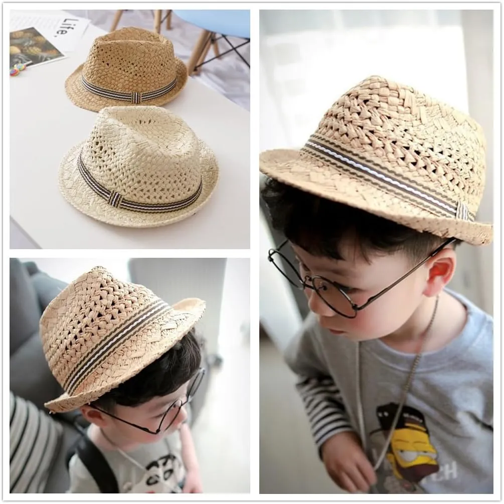 Kids Straw Fedora Sun Hat Short Brim Jazz Trilby Hat Roll Up Summer Travel Beach Panama Cowboy Cap for Boys Girls 2-6 Years